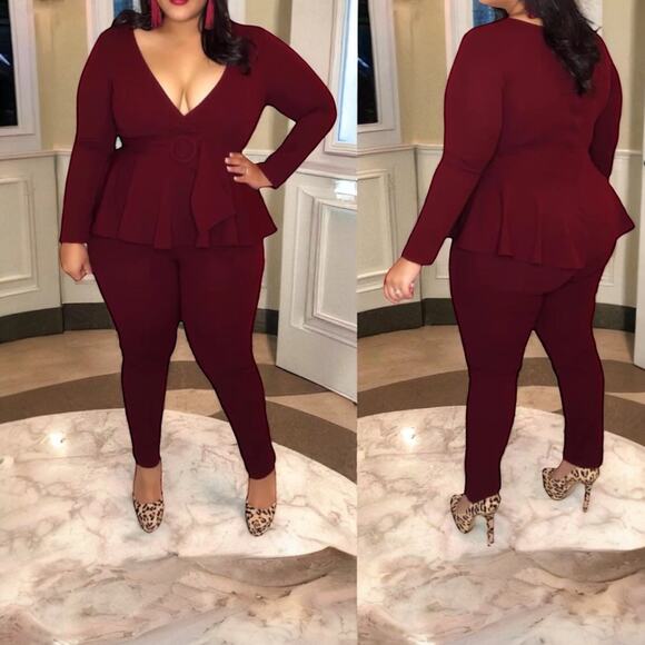 GIBIU Wine Burgundy Peplum Belted Jumpsuit – 1X (Junior Plus 12–14) - Picture 1 of 3